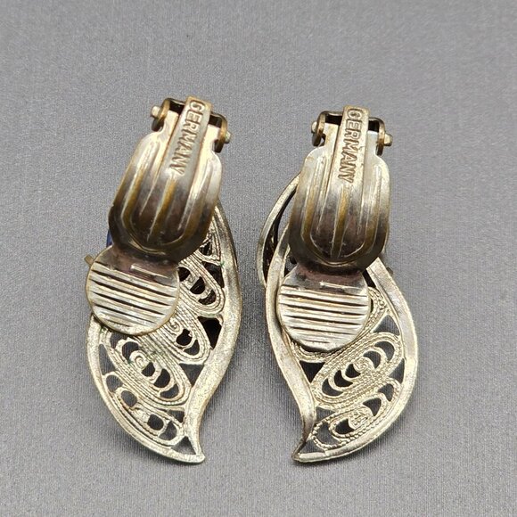VTG West German Silver Filigree Clip-On Earrings 1.25" Blue Glass Stone 1950s - Picture 5 of 10